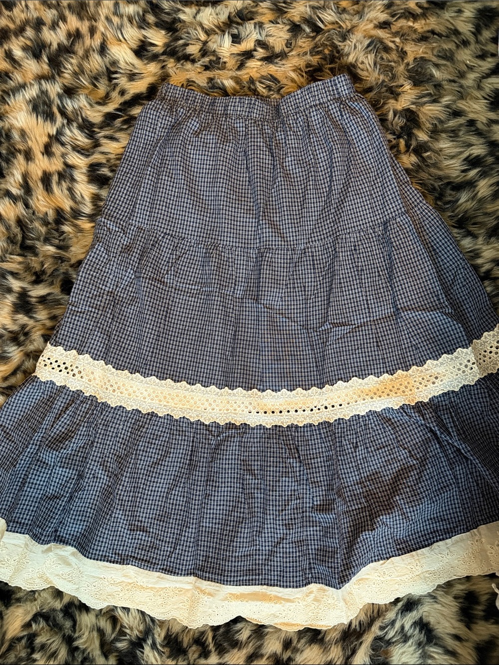 Cider Blue Gingham Midi Skirt with Cream Lace Trim
